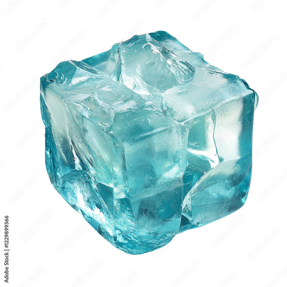 The image shows a single large irregularly shaped light blue ice cube isolated on a black background. The image shows a single large irregularly shaped light blue ice cube isolated on a black background.
