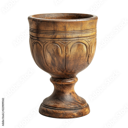 A rustic wooden goblet with simple carvings and a slightly weathered texture, evoking a medieval or historical aesthetic. photo