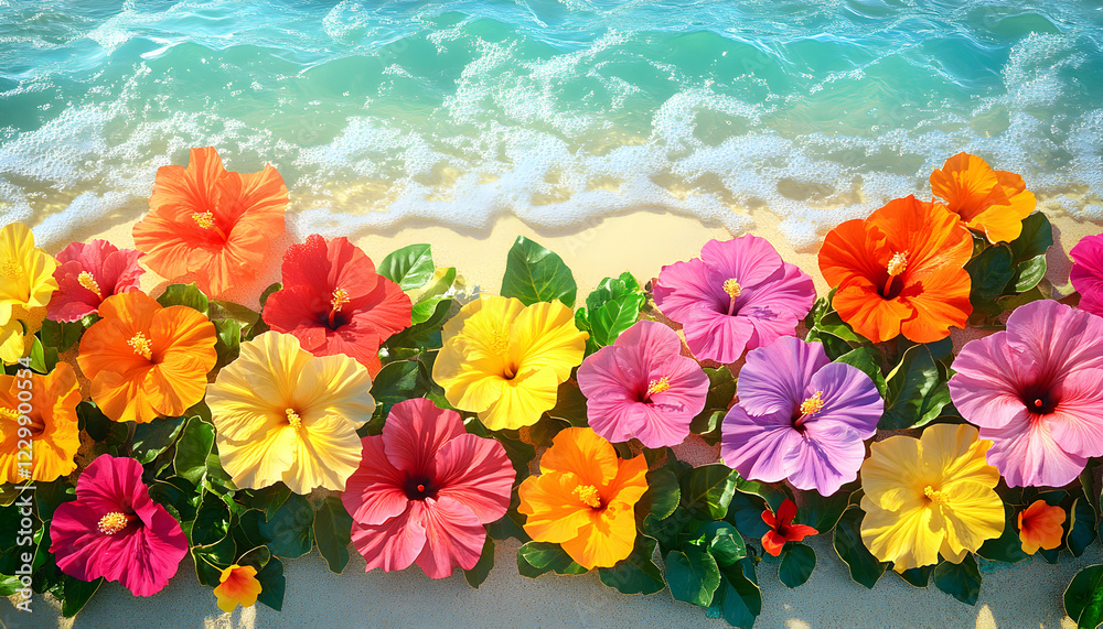 Vibrant hibiscus flowers blooming on a tropical beach, kissed by gentle ocean waves. A perfect summer paradise scene.