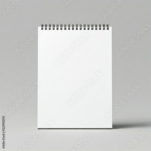 blank white notebook on white background. Blank realistic spiral bound notepad mockup on light grey background.