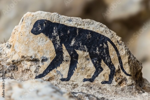 Ancient rock engraving of a wild cat found in a remote desert location highlighting prehistoric art and culture photo