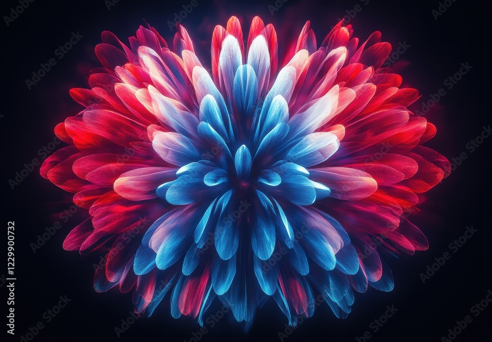 Vibrant Abstract Flower Design in Shades of Red and Blue, Radiating Colorful Petals on a Dark Background for Artistic Visual Concepts Vibrant Abstract Flower Design in Shades of Red and Blue, Radiating Colorful Petals on a Dark Background for Artistic Visual Concepts