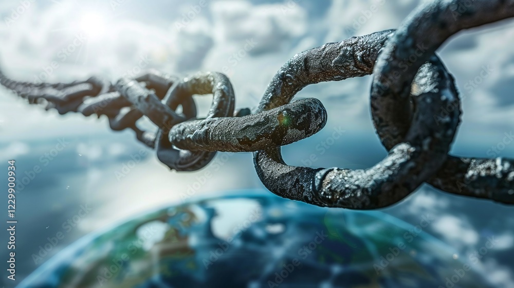 A weathered rust covered metal chain symbolizing the interconnectedness and interdependence of the world The chain represents the global network that binds us all together A weathered rust covered metal chain symbolizing the interconnectedness and interdependence of the world The chain represents the global network that binds us all together