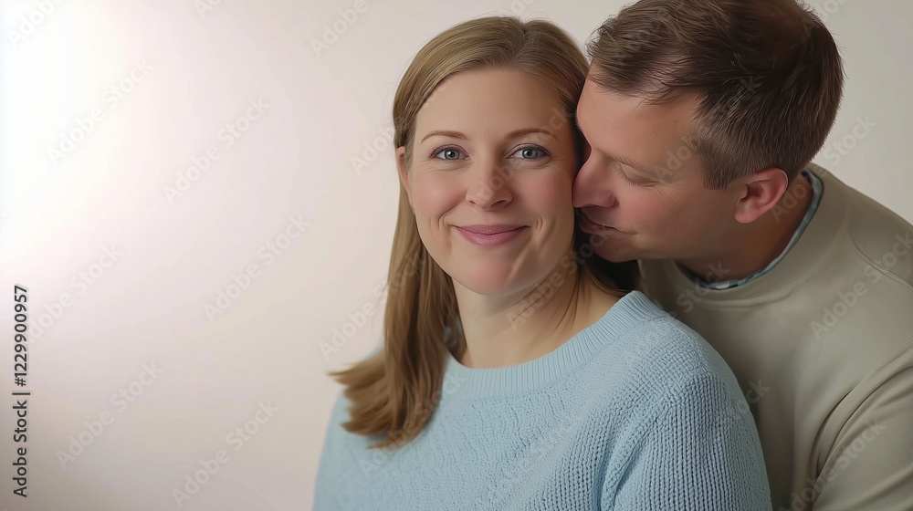 A man tenderly kisses his partner’s cheek as she smiles with warmth. The soft lighting and neutral background enhance the feeling of love and emotional connection. Ideal for Valentine's Day themes. A man tenderly kisses his partner’s cheek as she smiles with warmth. The soft lighting and neutral background enhance the feeling of love and emotional connection. Ideal for Valentine's Day themes.