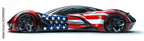 Sportscar wrapped in an American flag, white isolate background. photo