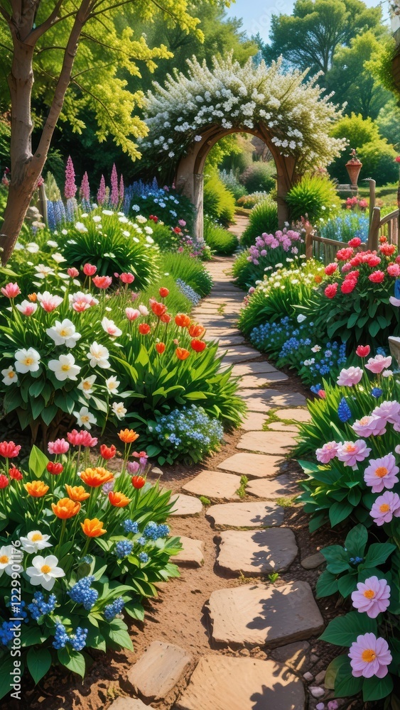 A scenic path through a blooming garden in spring A scenic path through a blooming garden in spring