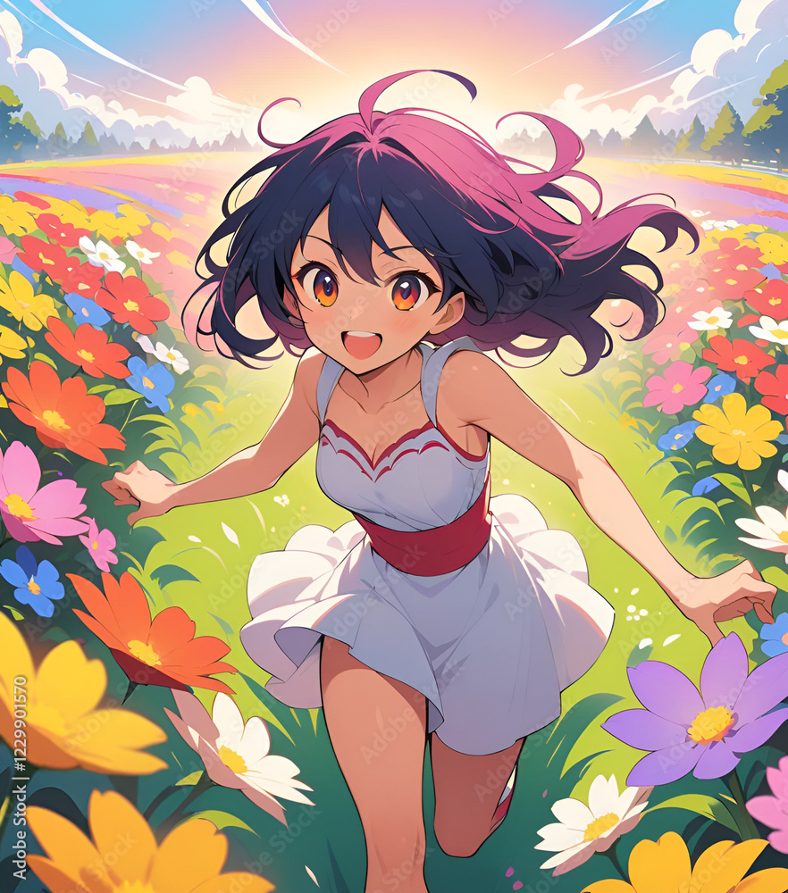 A cheerful anime character running through a vibrant flower field A cheerful anime character running through a vibrant flower field