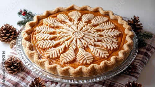 Close-up of a golden sweet potato pie with intricate crust details, placed on a plaid cloth with festive decorations like acorns and pinecones