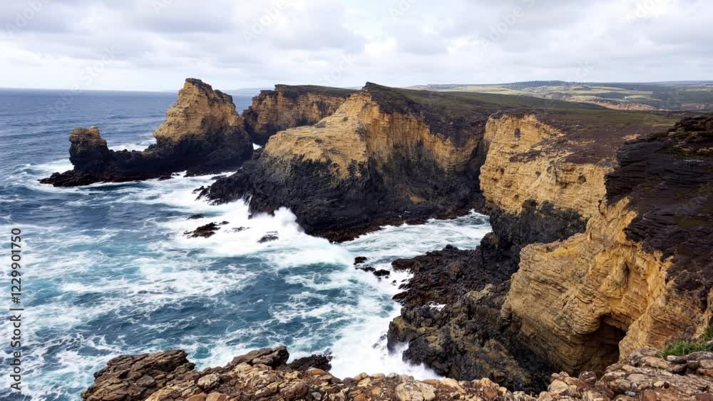 Dramatic coastal cliffs, ocean waves crashing, rugged landscape, travel poster Dramatic coastal cliffs, ocean waves crashing, rugged landscape, travel poster