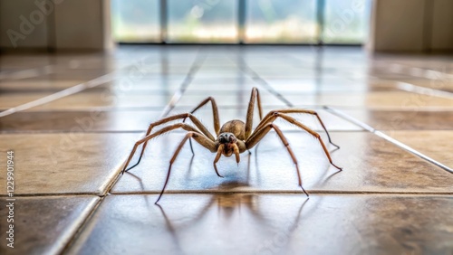 Common house spider on a smooth tile floor in kitchen , tiles, arachnid,  tiles, arachnid, insect, home, surface, room, web
