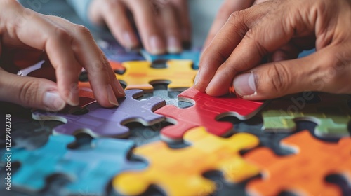 Colorful jigsaw puzzle pieces being assembled by hands symbolizing the process of problem solving teamwork and finding creative solutions through strategic thinking and