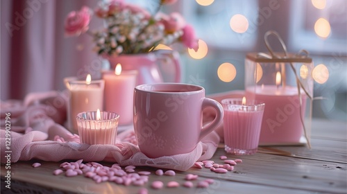 pastel background enhances pink tea cup filled with tea on the table with candle