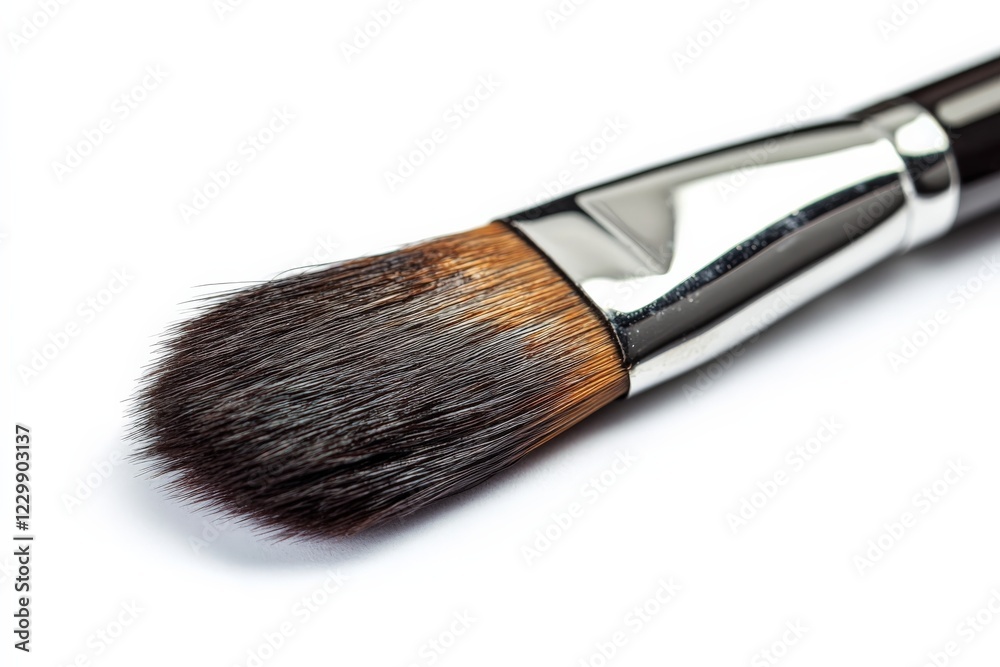 Detailed close-up of a professional makeup brush resting on a clean surface showcasing its bristles and sleek design Detailed close-up of a professional makeup brush resting on a clean surface showcasing its bristles and sleek design