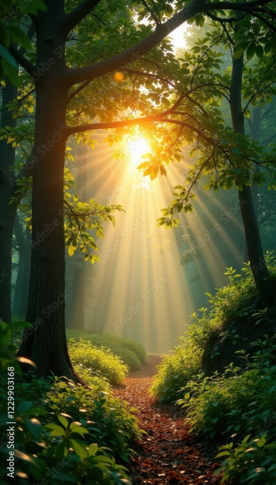 Obraz premium Golden hour sunlight filtering through lush canopy, leaves, sunshine, path