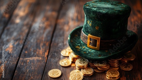 Wallpaper Mural Leprechaun hat and gold coins placed on a wooden surface, festive Irish theme, 8K high resolution with copy space Torontodigital.ca