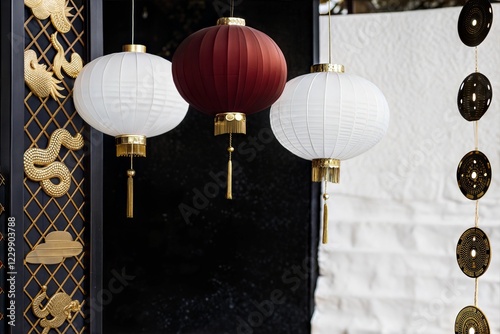 Red and White Lanterns with Gold Accents
