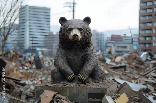 A bear statue in the middle of a collapsed building in a call to unity, reminding us that behind the destruction, there is hope and humanity photo