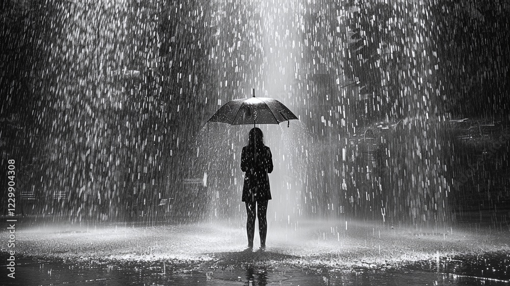 Fototapeta premium Lone silhouetted figure with umbrella walking alone through a powerful downpour in a dark moody urban city street setting Concept of solitude introspection