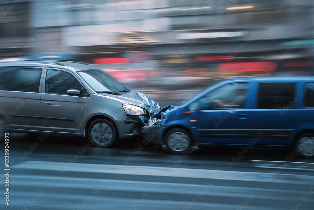 An accident between two vehicles, a silver and blue minivans, in the city. The concept of traffic safety, car insurance, purchase. An accident between two vehicles, a silver and blue minivans, in the city. The concept of traffic safety, car insurance, purchase.