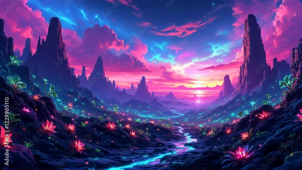 Fantasy sunset valley river glowing plants