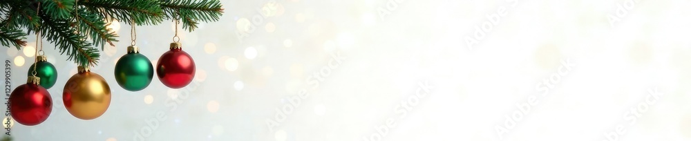 Festive Christmas tree with green branches and colorful ornaments hung against a pure white background, , colorful ornaments, green branches Festive Christmas tree with green branches and colorful ornaments hung against a pure white background, , colorful ornaments, green branches