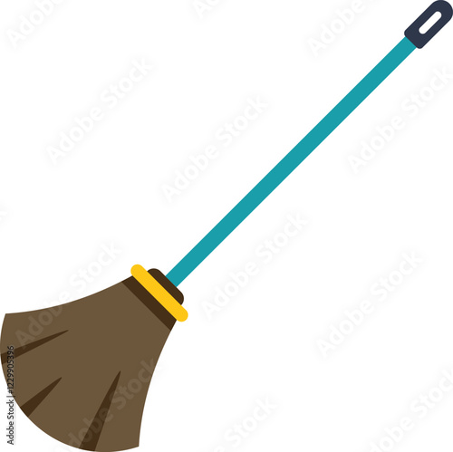 Brown broom with blue handle standing on white background, cleaning service logo