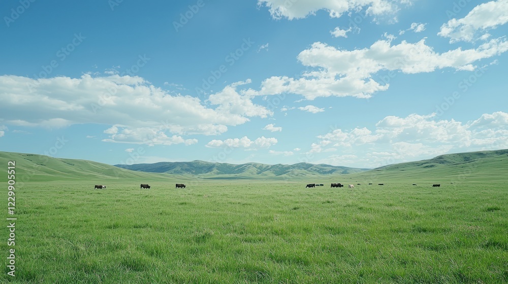 A wide green pasture with rolling hills, dotted with grazing cows under a bright blue sky. A wide green pasture with rolling hills, dotted with grazing cows under a bright blue sky.