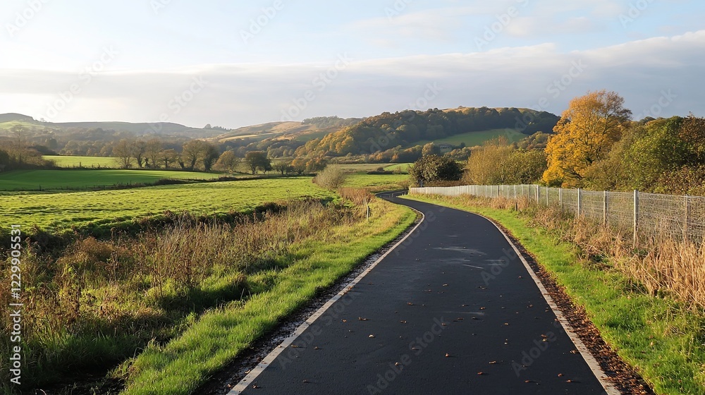 A bike path through a scenic countryside with fields and hills in the distance picture A bike path through a scenic countryside with fields and hills in the distance picture