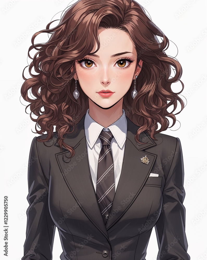 adult female confident curly brown hair formal suit anime style on plain white background adult female confident curly brown hair formal suit anime style on plain white background