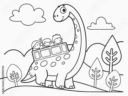 Kids Riding Dinosaur Bus Fun Coloring Page