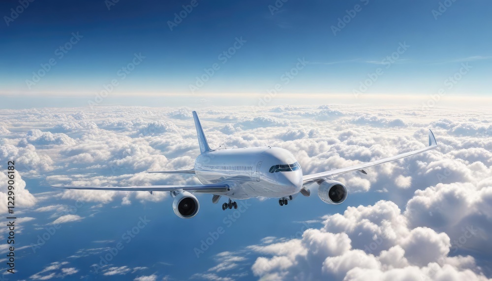 Obraz premium High altitude view of white airliner with long contrail in clear blue skies, aerial view, high, trail, destination, perspective