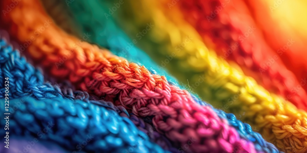 Close-up of the surface texture and color patterns of rainbow-colored knitted fabric, showcasing its vibrant colors and soft fabric quality. Close-up of the surface texture and color patterns of rainbow-colored knitted fabric, showcasing its vibrant colors and soft fabric quality.