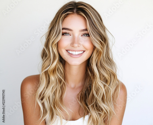 Studio portrait of the beautiful smiling woman with long, wavy blonde hair on white background