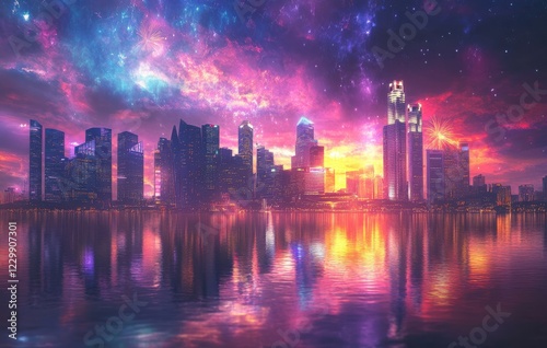 Vibrant City Skyline Under Cosmic Aurora with Reflections in Water at Twilight Featuring Skyscrapers and Colorful Night Sky
