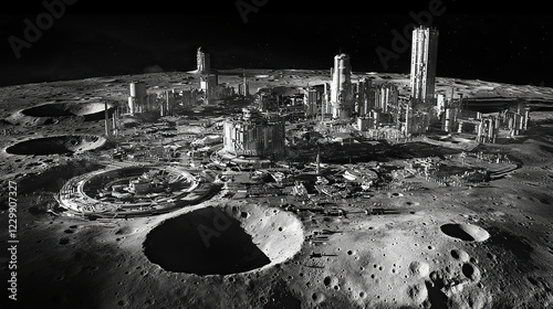 Moon exploration Aerial view of the lunar city 