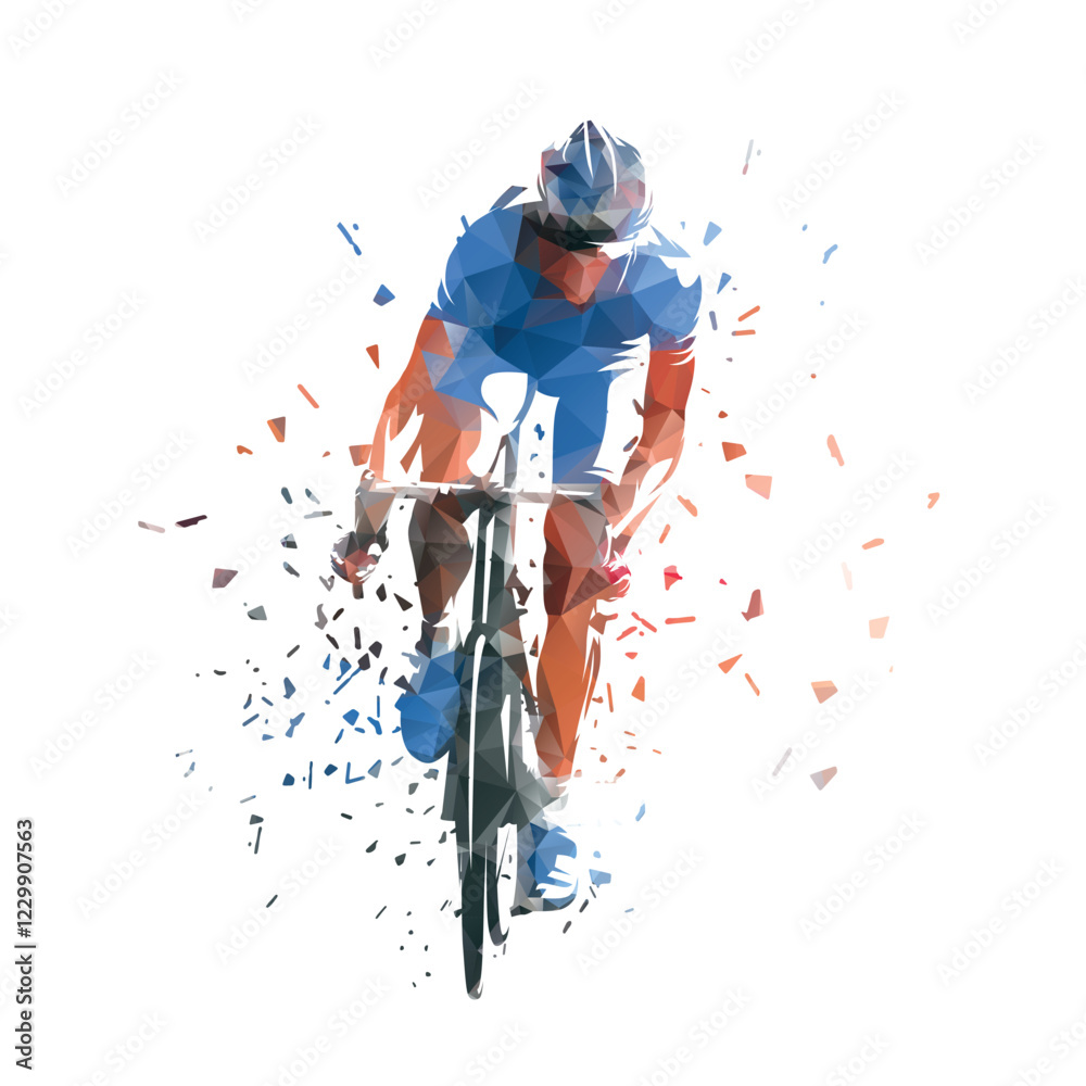 Road cycling, cyclist, isolated vector low poly illustration with dispersion effect. Front view