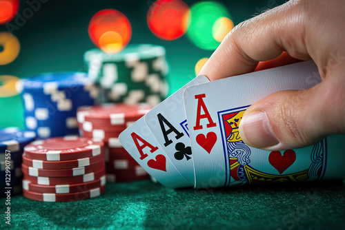 close-up of player's hands with cards in casino. poker card combination, 