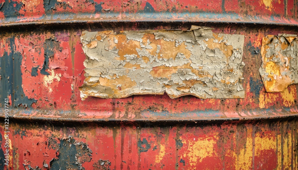 Rusted metal barrel with peeling paint showing age and decay Rusted metal barrel with peeling paint showing age and decay
