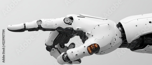 White robot with red light on its arm standing in a modern indoor environment