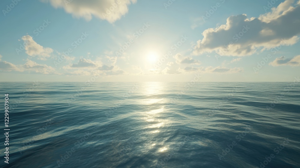 Obraz premium Gentle ripples across a tranquil ocean surface, with faint reflections of clouds and warm sunlight.