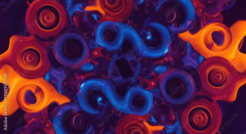 Fototapeta premium Abstract Neon Symphony: A mesmerizing kaleidoscope of vibrant, swirling neon colors creates a hypnotic abstract pattern, blending orange, blue.