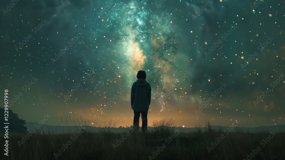 A person stands in a field gazing at the vibrant Milky Way while celebrating Matariki, the Maori New Year A person stands in a field gazing at the vibrant Milky Way while celebrating Matariki, the Maori New Year