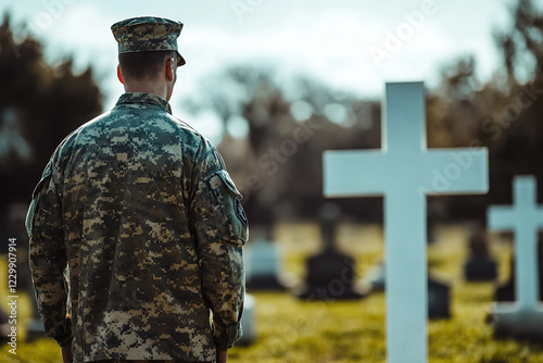 military veteran . modern soldier at the memorial cemetery. military cemetery