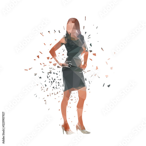 Business woman standing, woman in short clothes and high heels shoes, low poly distorted isolated vector silhouette, geometric drawing, front view