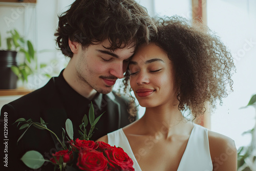 Romantic couple indoors with a bouquet of red roses valentine day 