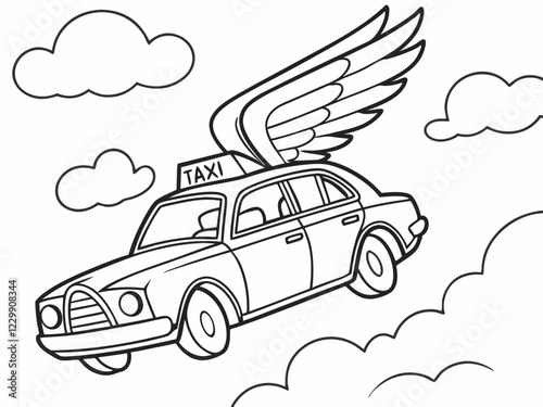Flying Taxi Coloring Page Whimsical Wings and Clouds