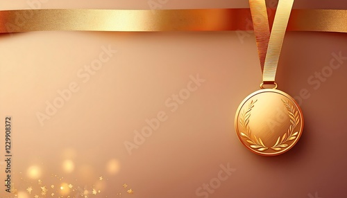 Champion background with gold ribbon and gold medal on the edge, in the middle is empty for text content. champion, championship, win, template.