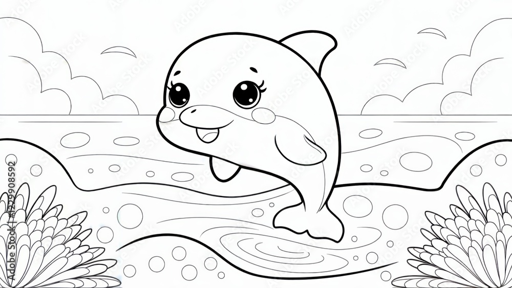 Obraz premium This is a black and white coloring page illustration featuring a cute, smiling dolphin swimming in the ocean. The playful character and simple design make it perfect for children's coloring books, pro