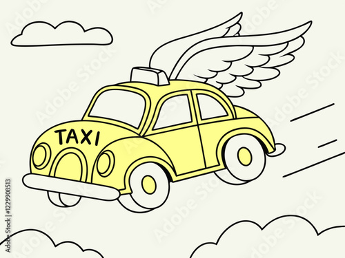 Flying Taxi Whimsical Illustration of a Yellow Cab with Wings