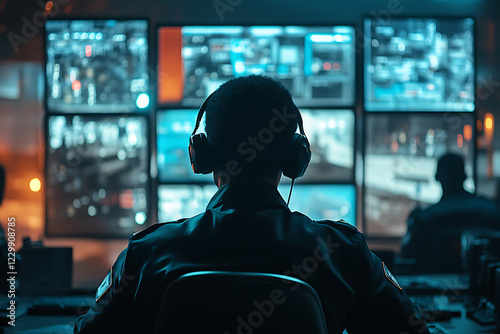 A security guard wearing headphones focuses on multiple video monitor screens displaying various surveillance footage